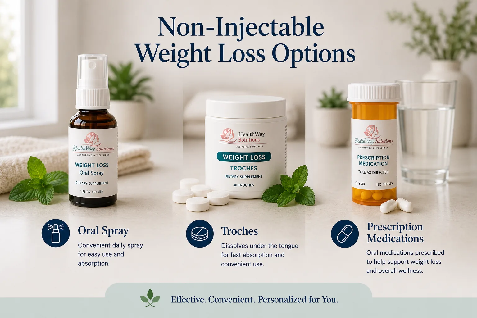 Smiling woman holding a non-injectable weight loss medication