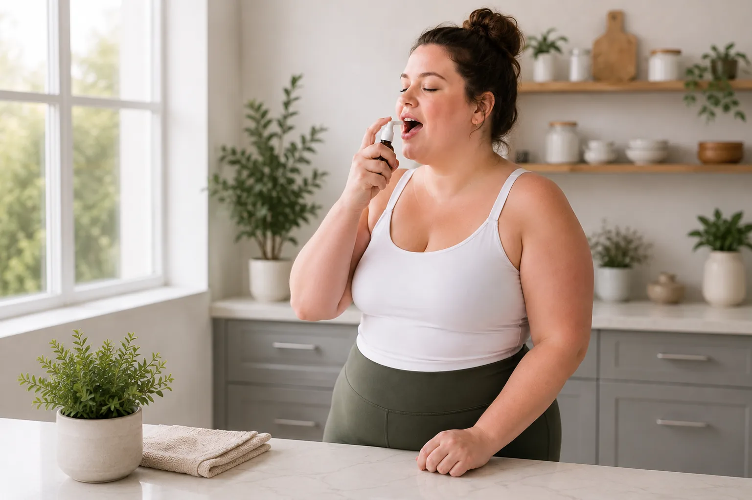 Hand holding a weight loss support spray bottle