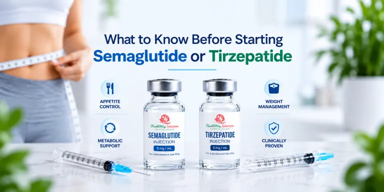 Semaglutide and tirzepatide injections for GLP-1 weight loss, highlighting appetite control, metabolic support, and weight management.